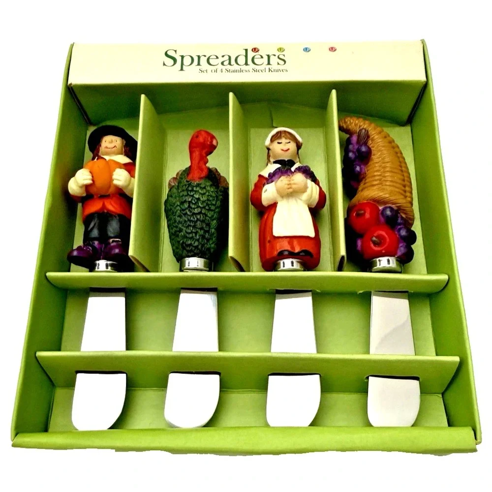 Thanksgiving Stainless Steel Cheese Butter Spreader Knives Set of 4 NEW in Box